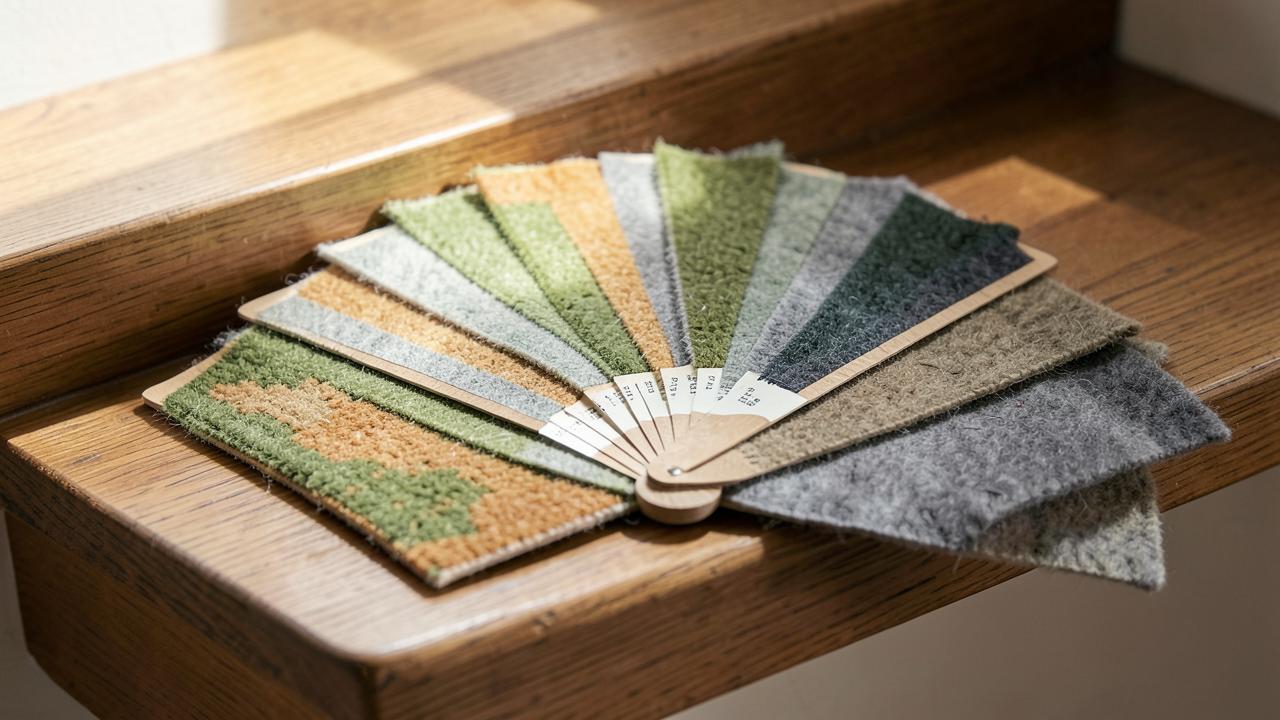 Grey carpet samples held against a stair tread in natural light