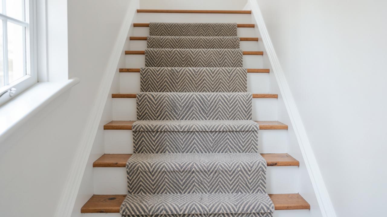 A herringbone stair runner on a painted staircase with exposed oak treads