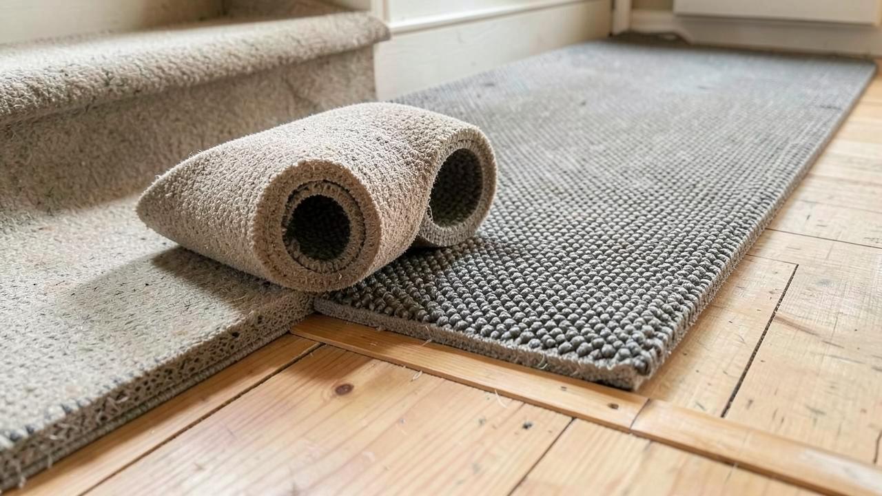 Dense carpet underlay rolled out next to a stair runner ready for fitting